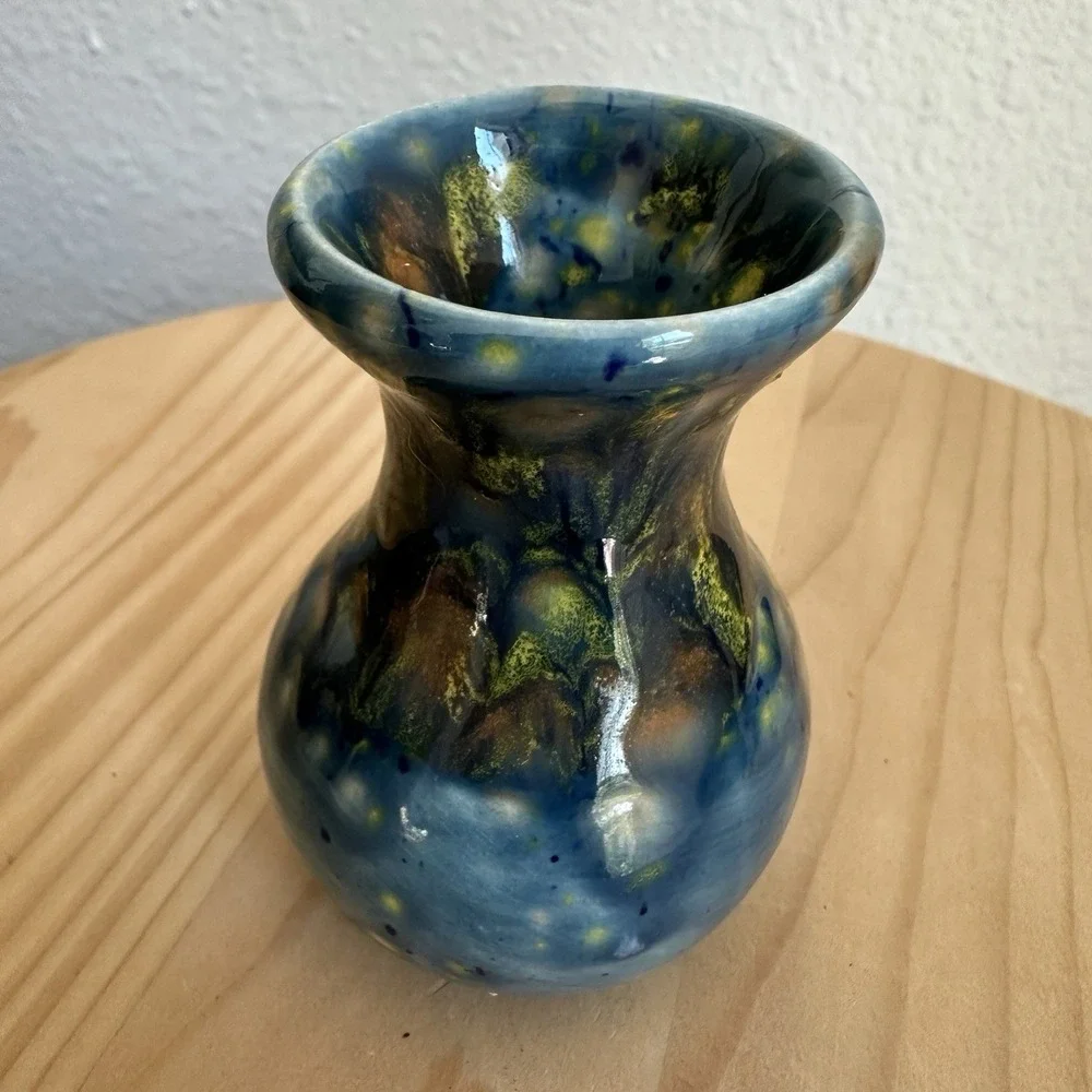 Vintage‎ Artisan Pottery 2 Inch Mini Vase Handcrafted Arizona Blue Yellow Mottle